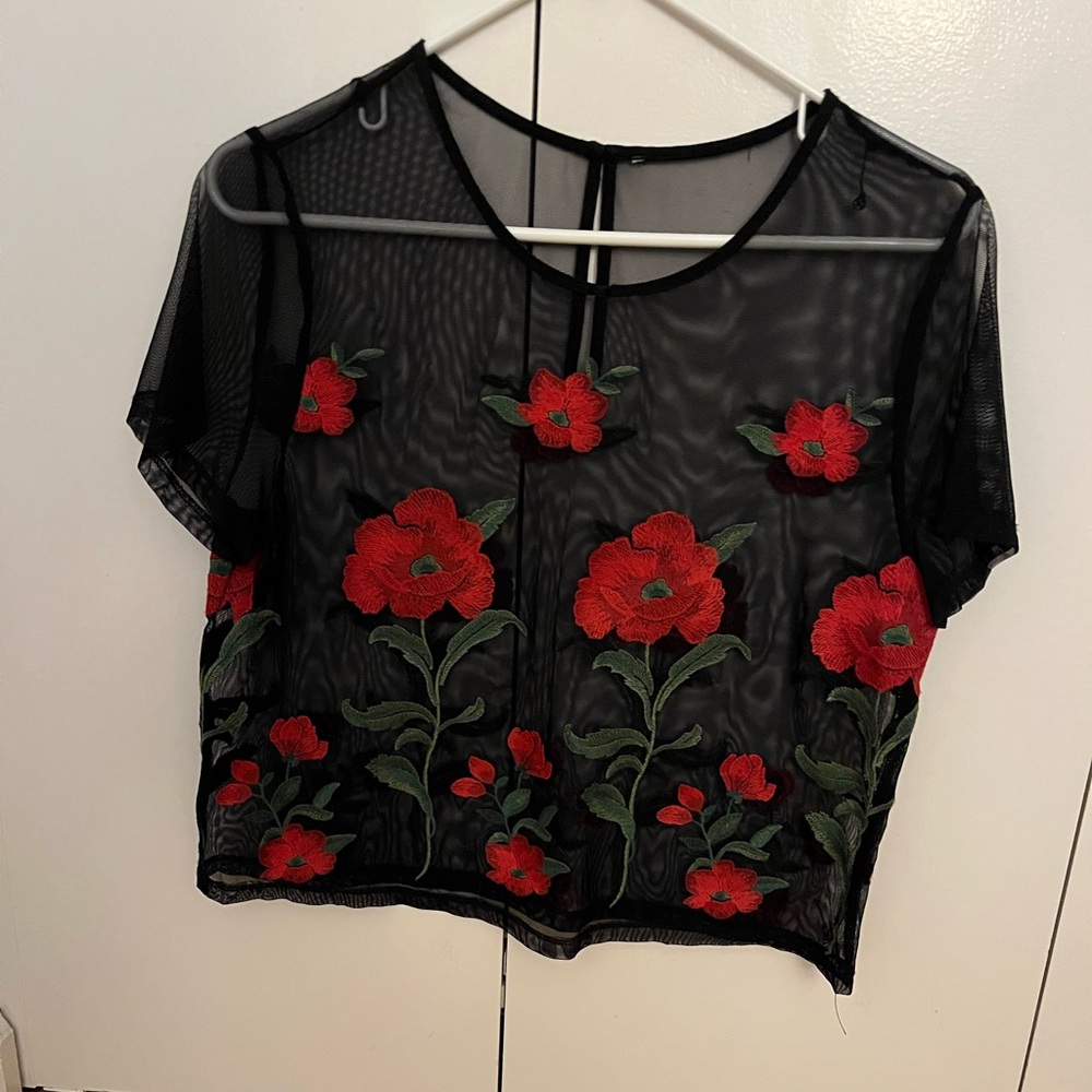 NWOT Floral Embroidered Sheer Black Top